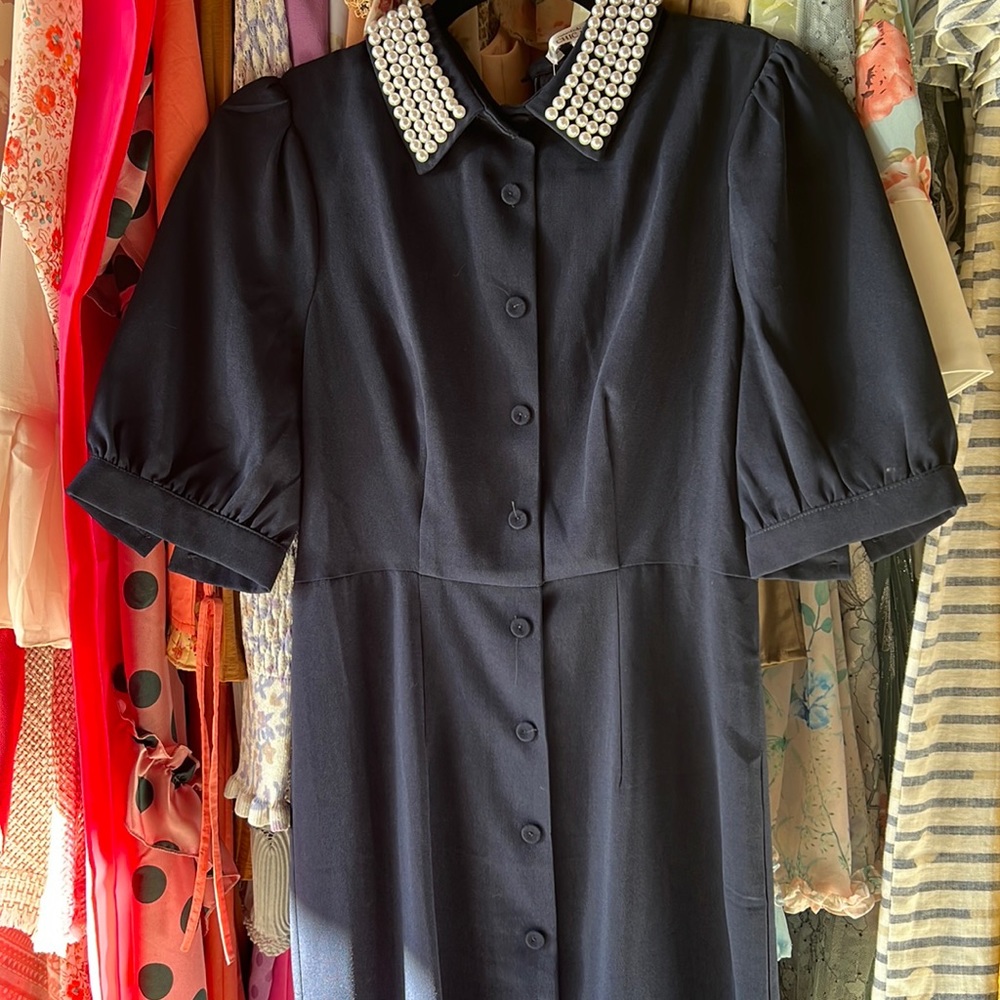 Korean ChicLine Navy pearl collar neck midi dress size S NWT